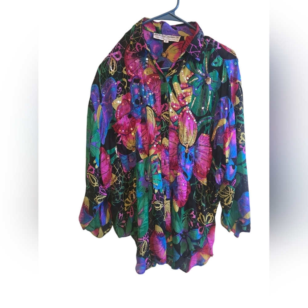 Vintage Judith Ann Creations Silk Beaded Blouse - 80s/90s Tropical Floral